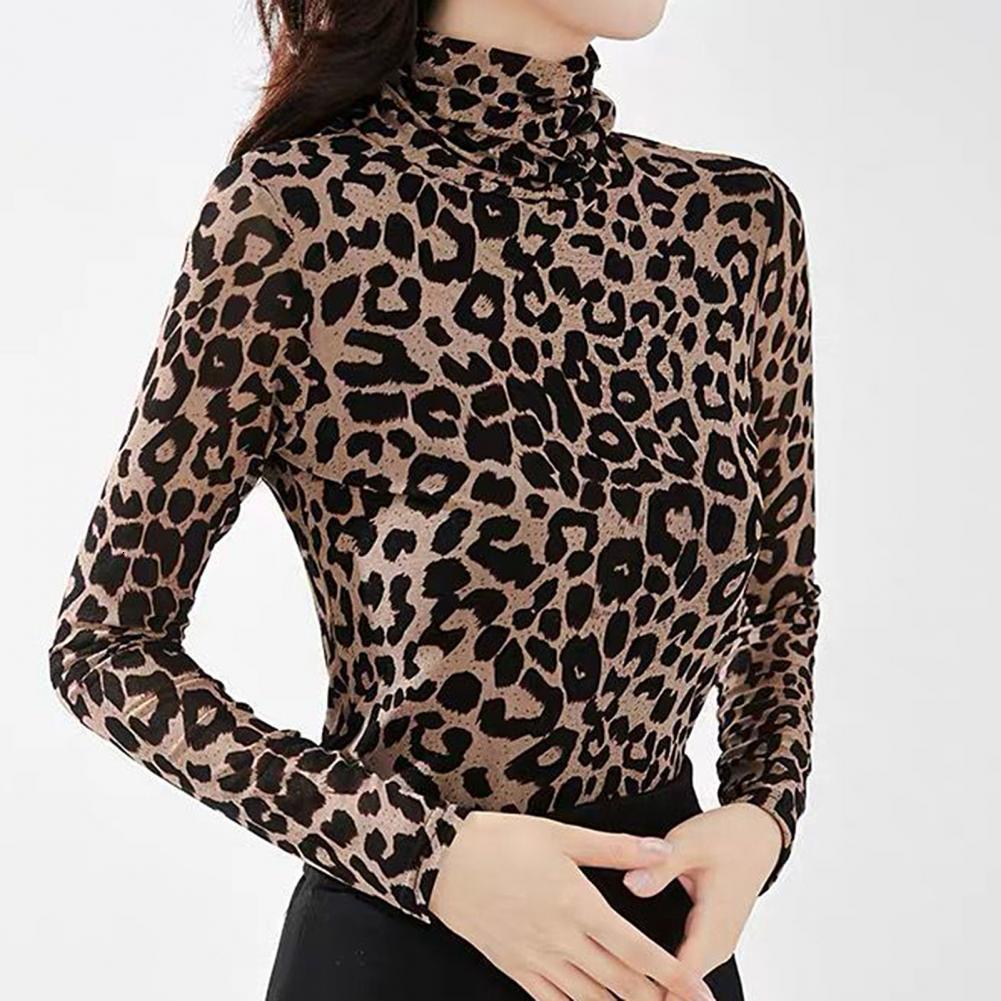 Women's Jumpsuits Rompers Sexy Women Turtle Neck Long Sleeve Leopard Print Autumn Basic Blouse Tshirt 221123