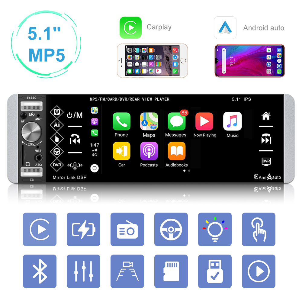5.1 Inch MP5 Audio Video Player Apple Carplay Car Radio Receiver Bluetooth Auto Smart Voice Control AM FM Radio Receiver