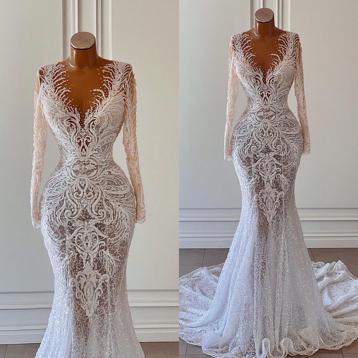 Sexy 2023 Mermaid Wedding Dress Lace Appliqued Beaded Sheer V Neck Bridal Gowns Arabic Custom Made vestidos de novia