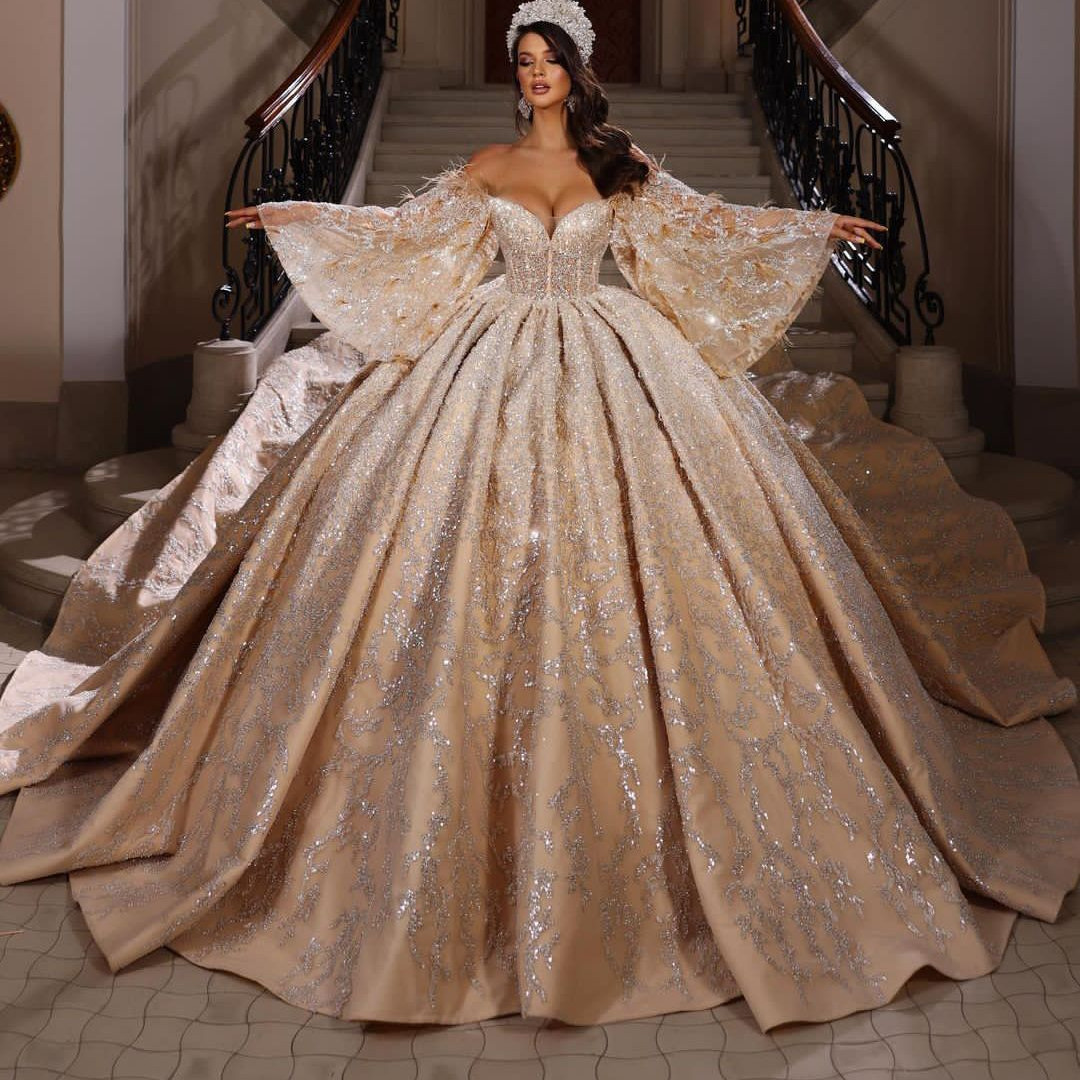 Ball Gown Wedding Dresses Appliques V Neck Long Sleeves Strapless Shiny Sequins Beads Lace Ruffles or Length Sparkg Bridal Gowns Plus Size