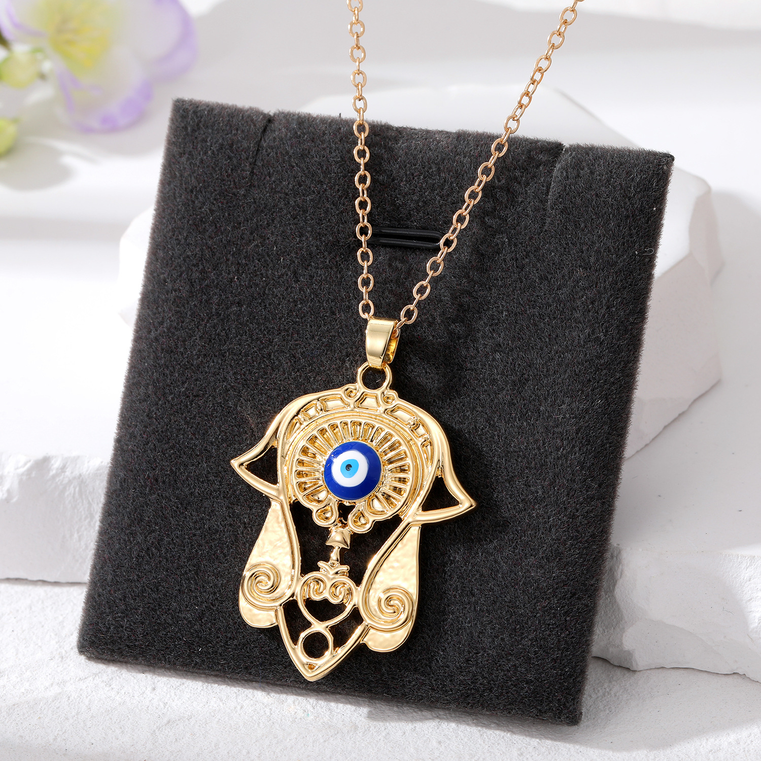 Turkey Evil Eye Fatima Hand Pendant Necklace For Women Hollow Blue Eyes Hand Necklaces Jewelry