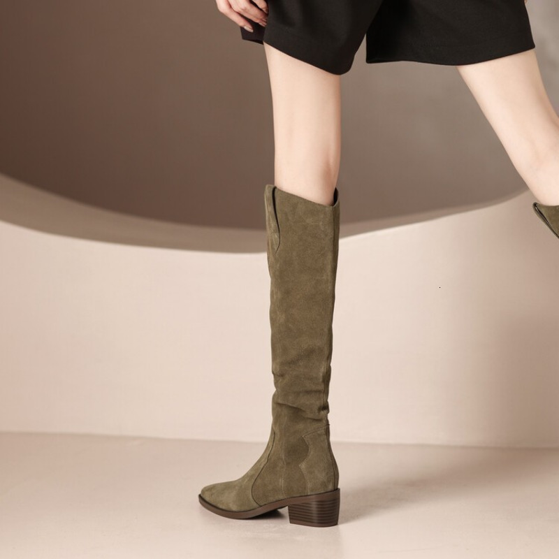 Women Suede Knee New Ladies Solid Pointed Toe Tall Boots Retro Roman High Heels Shoes Female Autumn Winter Long Boot 221123