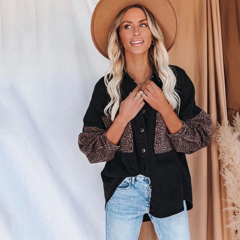 Women's Blouses Shirts Ladies Blouse Patchwork Summer Leopard Button Casual Women Turn Down Collar Pocket Long Sleeve Buttons Female Shirts 22112