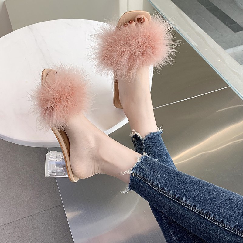 Dress Shoes Summer Fluffy Peep Toe Sexy High Heels Women Fur Feather Lady Fashion Wedding SlipOn Pink Square Sandals 221123