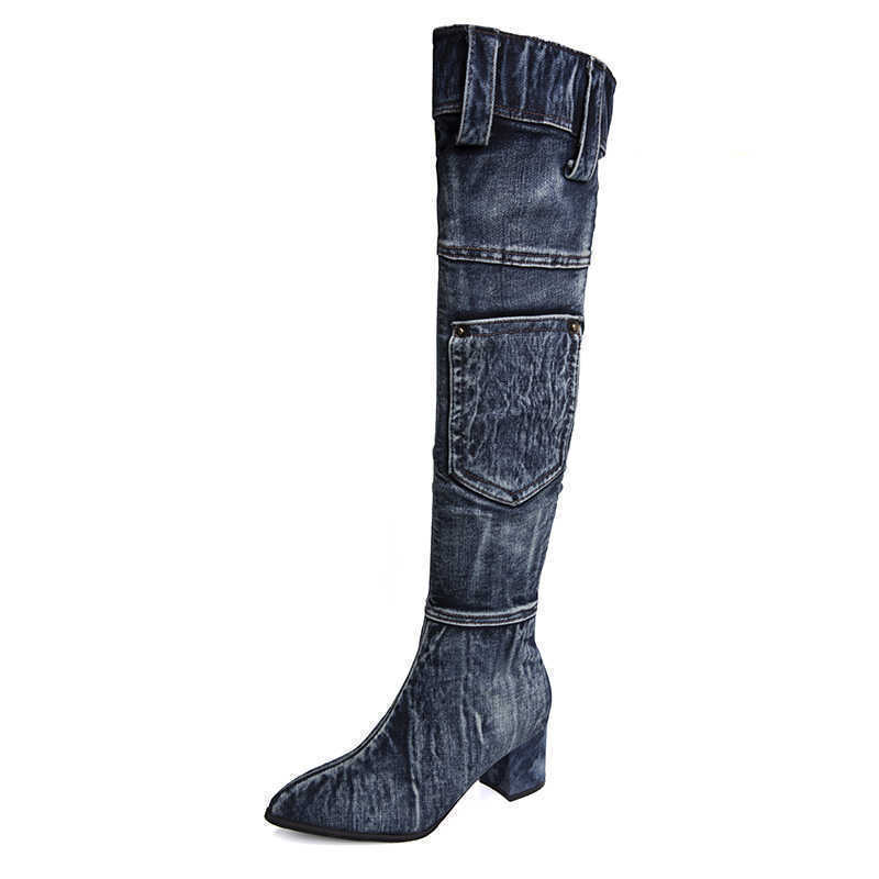 Boots 2022 Sexy Jean Boots Women KneeHigh Boot Zipper 6Cm High Heel Woman Stylish Jeans Boots Ladies denim Boat Female Shoes Cowboy J220923