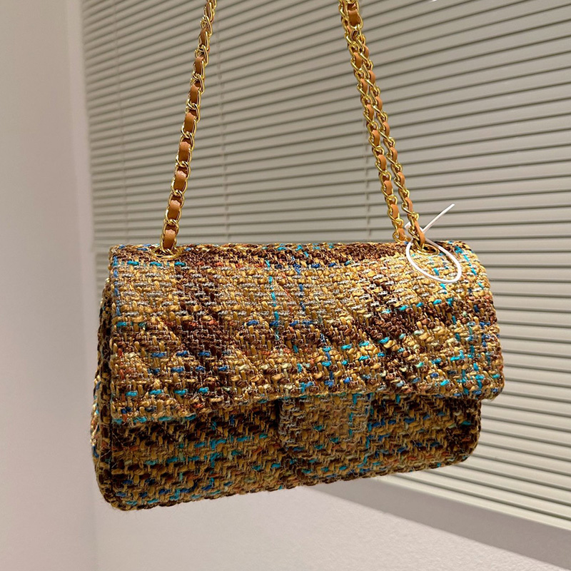 Womens Tweed Classic Double Flap Quilted Bags Gold Metal Hardware Matelasse Chain Crossbody Shoulder Purse Multi Pochette Luxury Designer Handbags 25CM 8 Colors