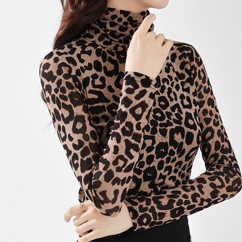 Women's Jumpsuits Rompers Sexy Women Turtle Neck Long Sleeve Leopard Print Autumn Basic Blouse Tshirt 221123