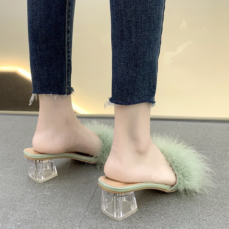 Dress Shoes Summer Fluffy Peep Toe Sexy High Heels Women Fur Feather Lady Fashion Wedding SlipOn Pink Square Sandals 221123