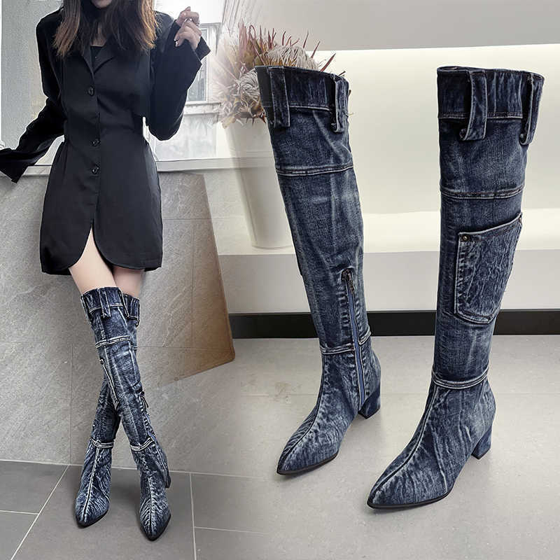 Boots 2022 Sexy Jean Boots Women KneeHigh Boot Zipper 6Cm High Heel Woman Stylish Jeans Boots Ladies denim Boat Female Shoes Cowboy J220923