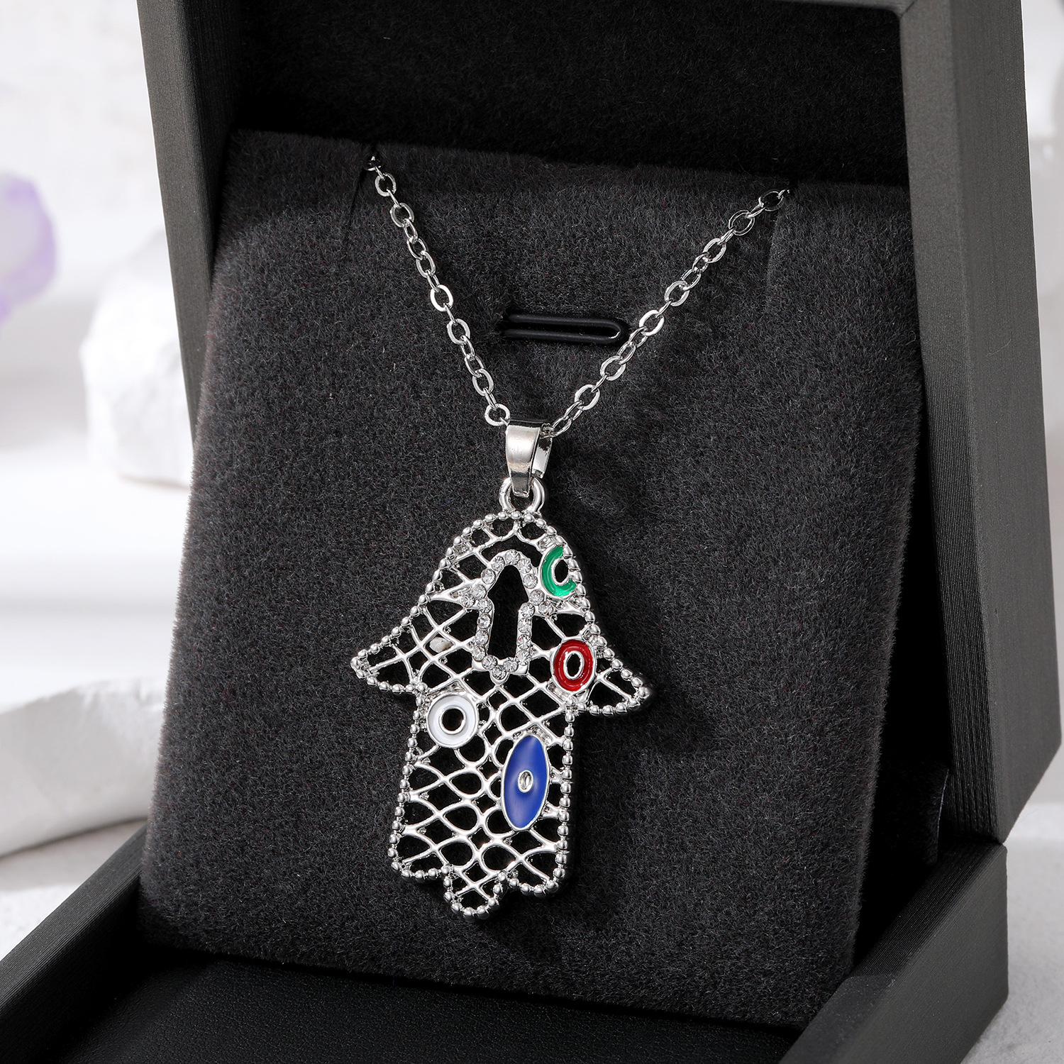 Turkey Evil Eye Fatima Hand Pendant Necklace For Women Hollow Blue Eyes Hand Necklaces Jewelry