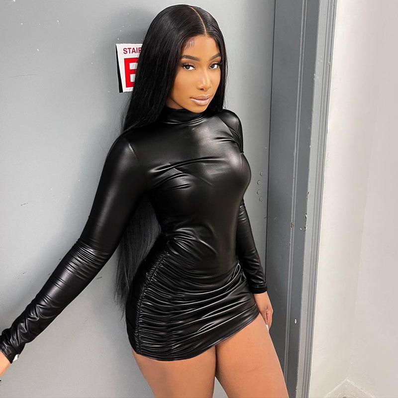 Sexy Pleated PU Leather Dresses Women Designer Slim Fit Short Mini Dress Club Party Wear Free Ship, Black
Sexy Pleated PU Leather Dresses Women Designer Slim Fit Short Mini Dress Club Party Wear Free Ship, Black