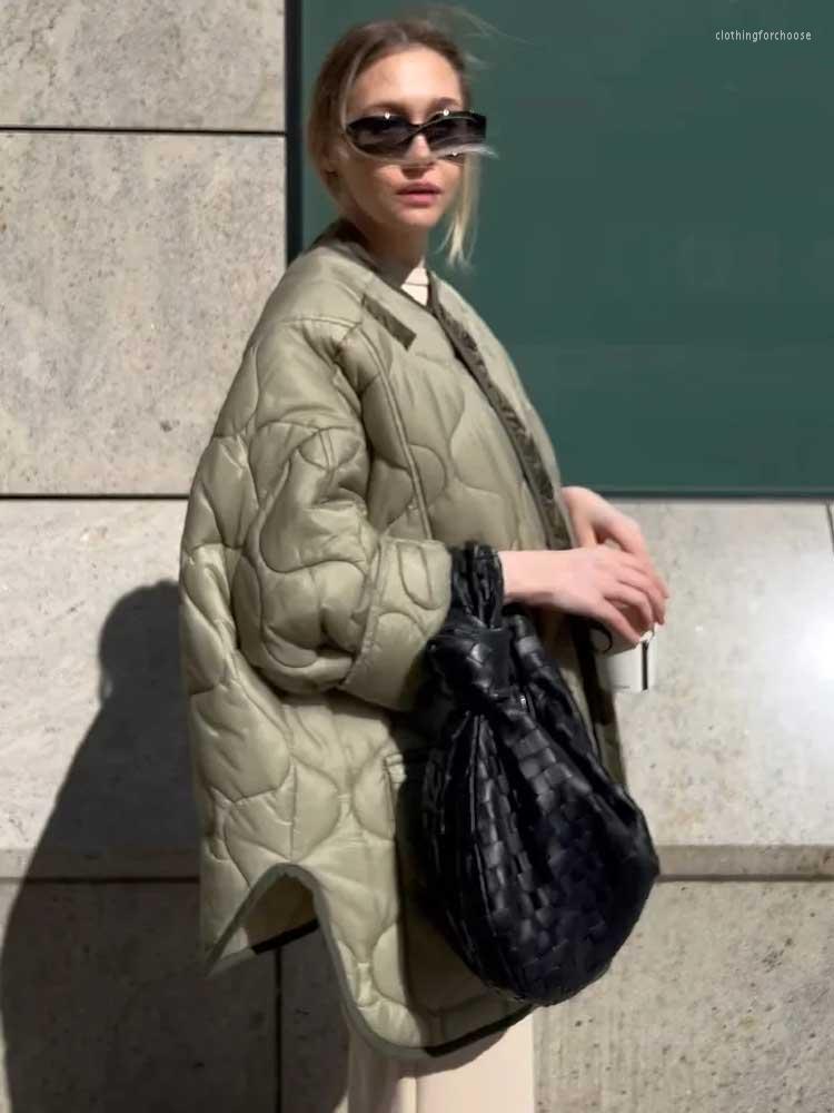 Simple Round-neck Buckle Outerwear Women Autumn Winter Fashion Lazy Style Color-matching cotton-padded jacket Chic Breasted Long Sleeve Jacket