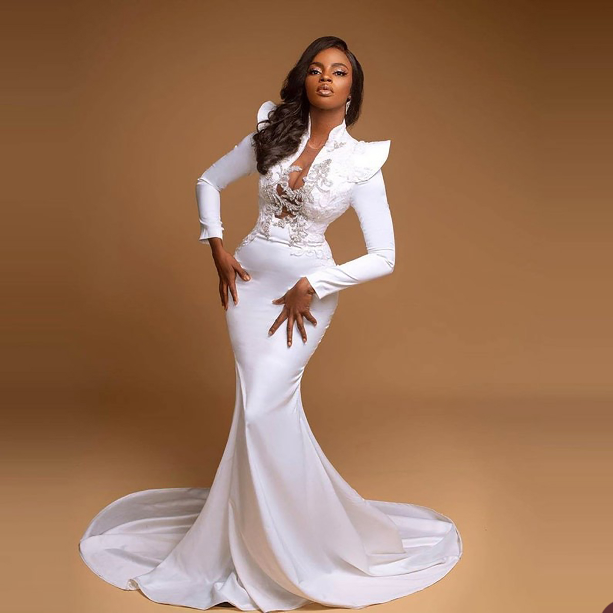 Plus Size African Mermaid Prom Dresses Lace Appliques Party Dresses Crystals Long Sleeves Custom Made Evening Dress