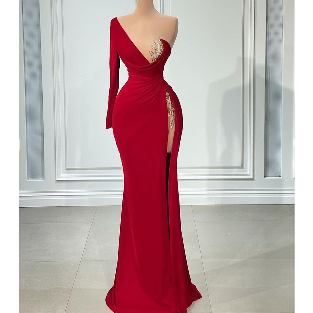 New Red Arrival Evening Dresses Women One Long Sleeve Lace Backless Or Length V Neck Side Slit Sequins Appliques Beaded Prom Dress Formal Gowns Plus S