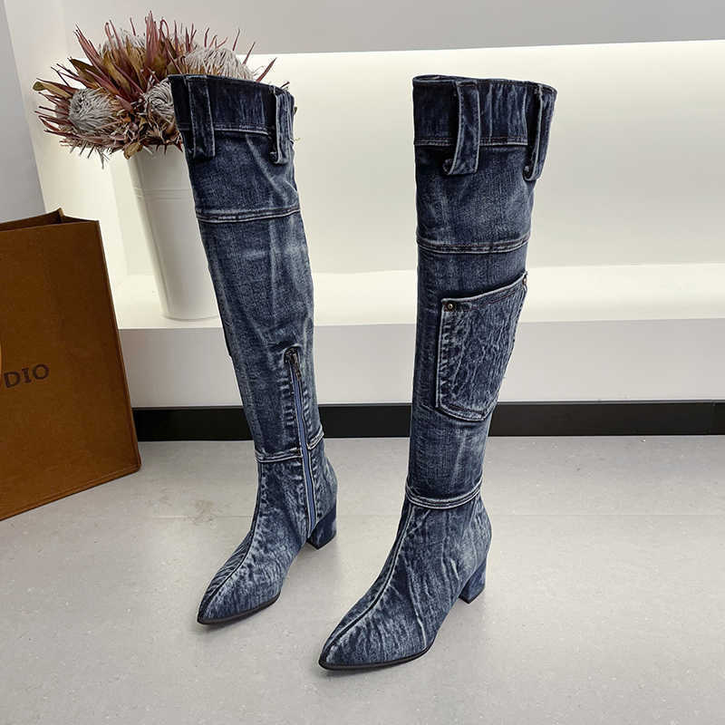 Boots 2022 Sexy Jean Boots Women KneeHigh Boot Zipper 6Cm High Heel Woman Stylish Jeans Boots Ladies denim Boat Female Shoes Cowboy J220923