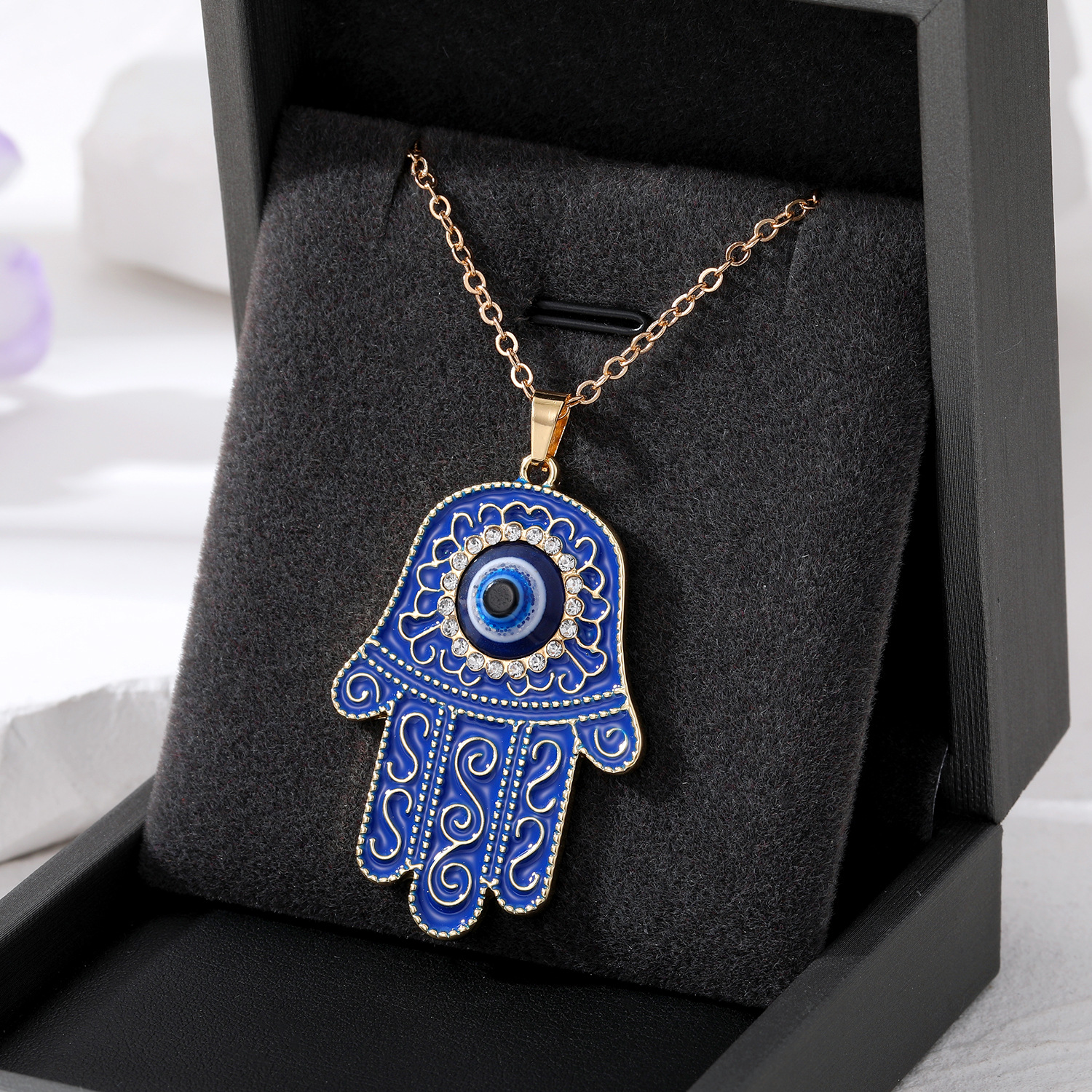 Enamel Turkey Evil Eye Fatima Hand Necklace For Women Hollow Blue Eye Hand Necklaces Jewelry
