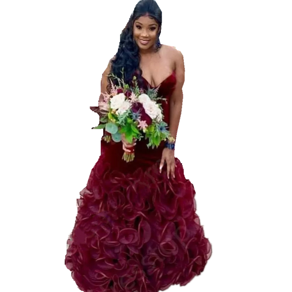 Cascading Ruffles Mermaid Bridesmaid Dresses Sweetheart Sleeveless Long Velvet Wedding Party Gowns For Black Girls Tiered Tutu Floor Length Prom Eveni