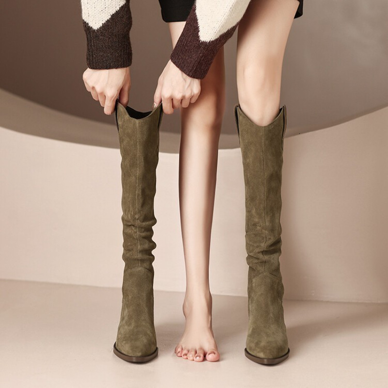 Women Suede Knee New Ladies Solid Pointed Toe Tall Boots Retro Roman High Heels Shoes Female Autumn Winter Long Boot 221123