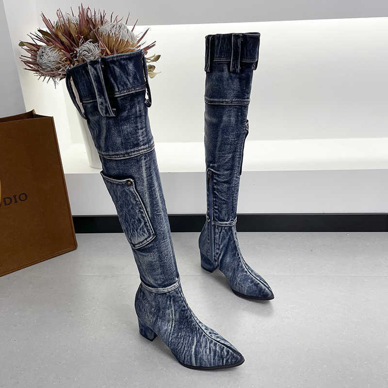 Boots 2022 Sexy Jean Boots Women KneeHigh Boot Zipper 6Cm High Heel Woman Stylish Jeans Boots Ladies denim Boat Female Shoes Cowboy J220923