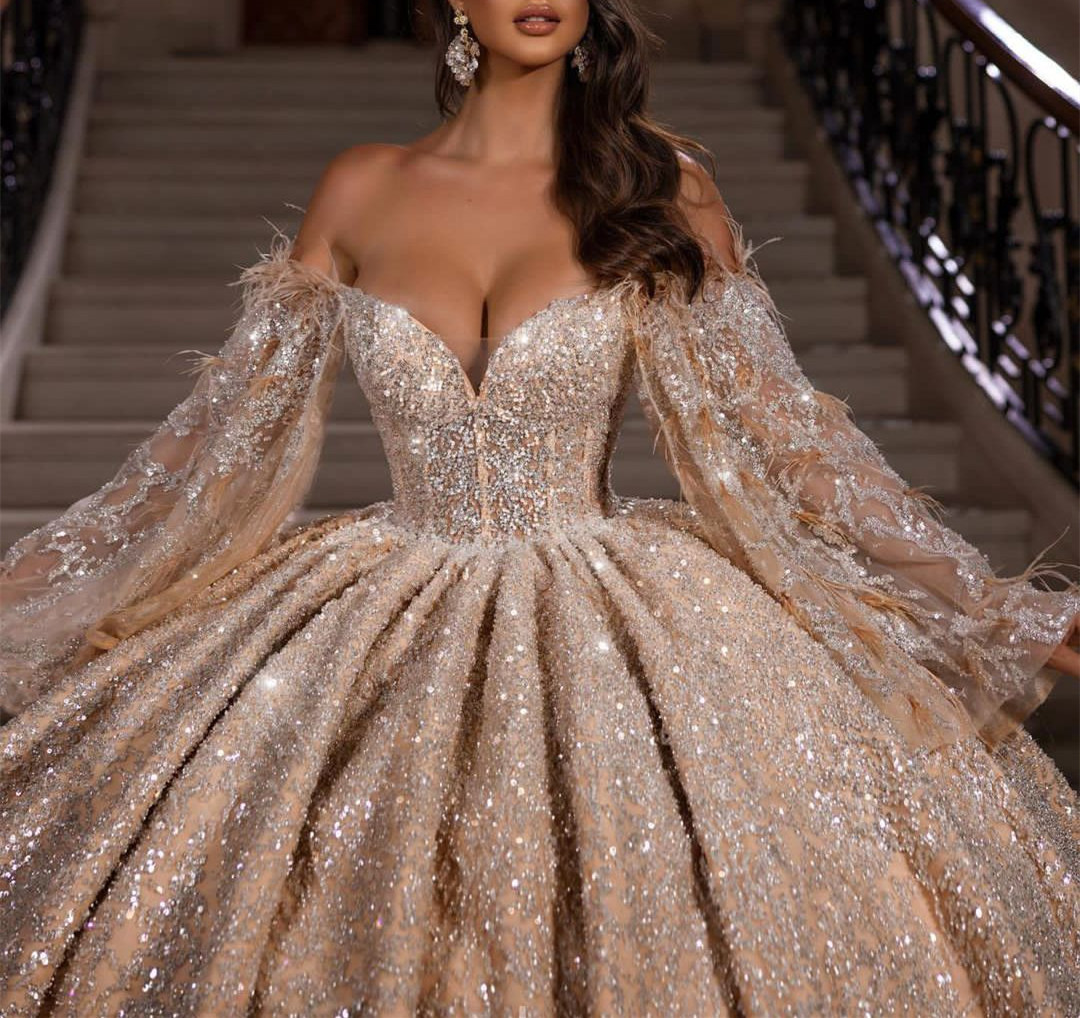 Ball Gown Wedding Dresses Appliques V Neck Long Sleeves Strapless Shiny Sequins Beads Lace Ruffles or Length Sparkg Bridal Gowns Plus Size