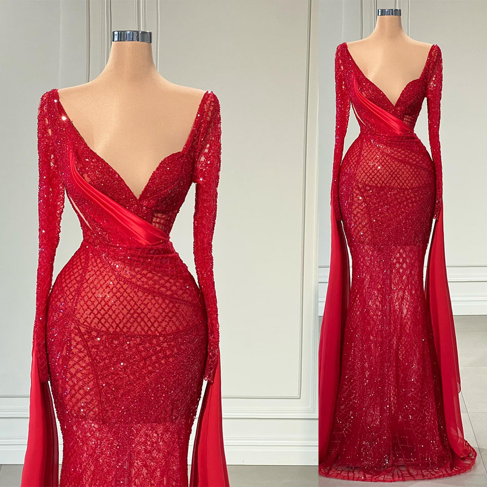 New Red Arrival Evening Dresses Women V Neck Long Sleeves Lace Backless Floor Length Capes Sequins Appliques Prom Dress Formal Gowns Plus Size Tailore