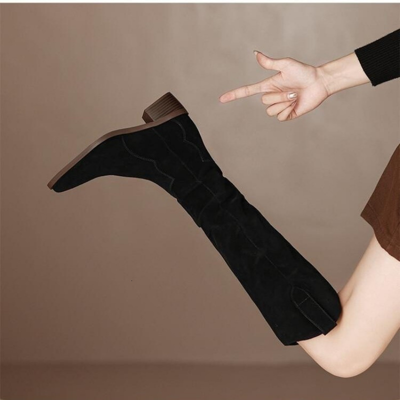Women Suede Knee New Ladies Solid Pointed Toe Tall Boots Retro Roman High Heels Shoes Female Autumn Winter Long Boot 221123