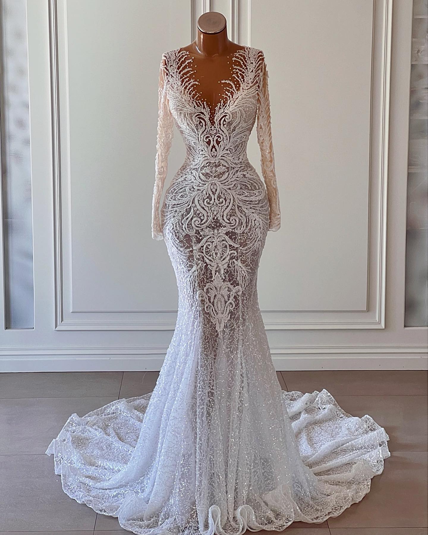 Sexy 2023 Mermaid Wedding Dress Lace Appliqued Beaded Sheer V Neck Bridal Gowns Arabic Custom Made vestidos de novia