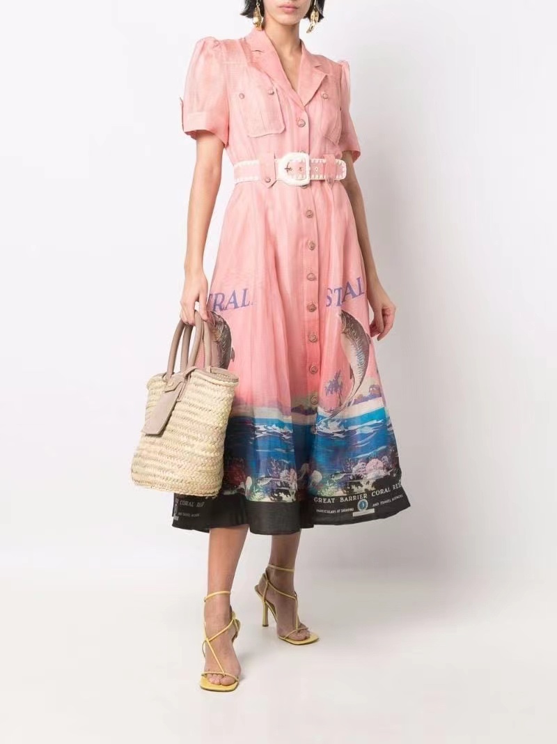 Casual Dresses Spring and summer 2022 new seashore printed shirt long skirt, Pink