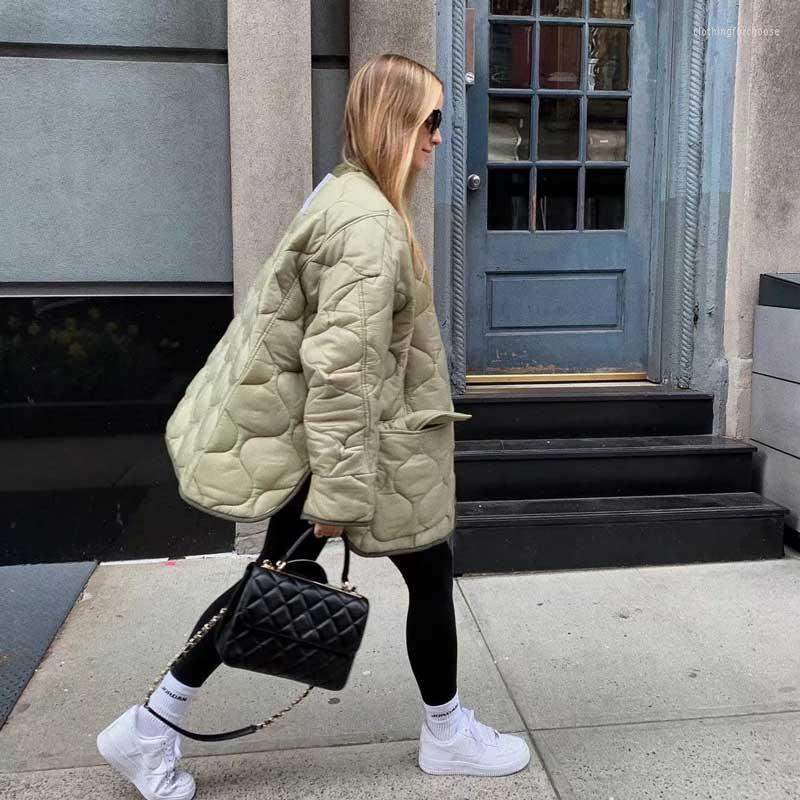 Simple Round-neck Buckle Outerwear Women Autumn Winter Fashion Lazy Style Color-matching cotton-padded jacket Chic Breasted Long Sleeve Jacket