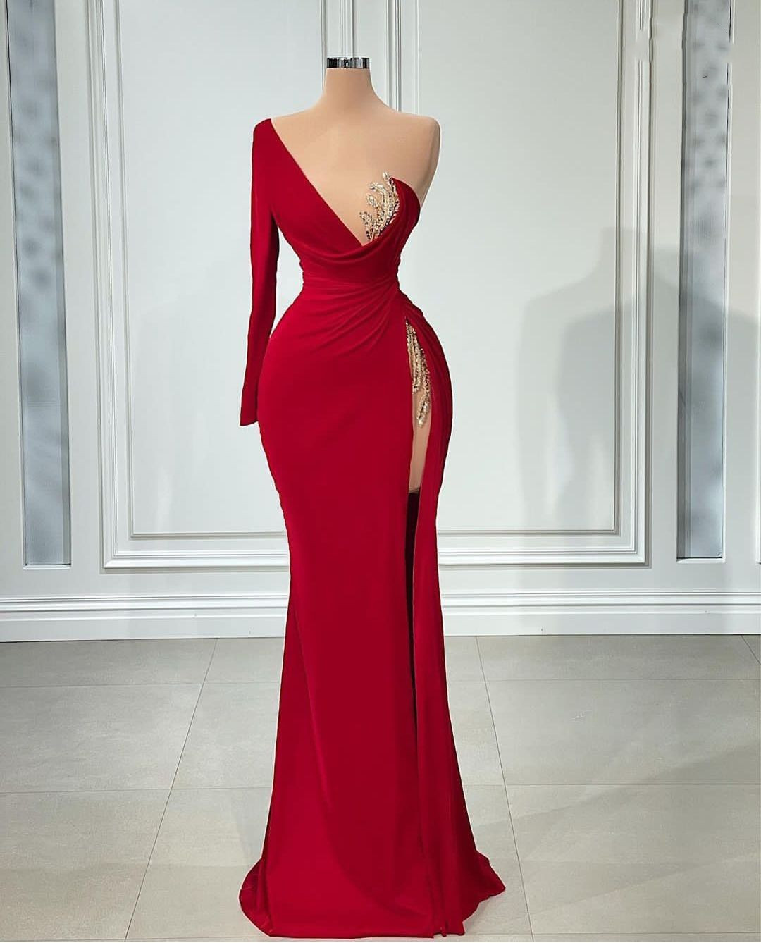 New Red Arrival Evening Dresses Women One Long Sleeve Lace Backless Or Length V Neck Side Slit Sequins Appliques Beaded Prom Dress Formal Gowns Plus S