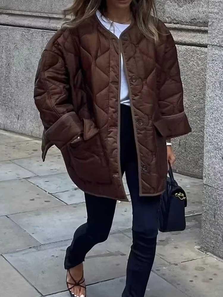 Simple Round-neck Buckle Outerwear Women Autumn Winter Fashion Lazy Style Color-matching cotton-padded jacket Chic Breasted Long Sleeve Jacket
