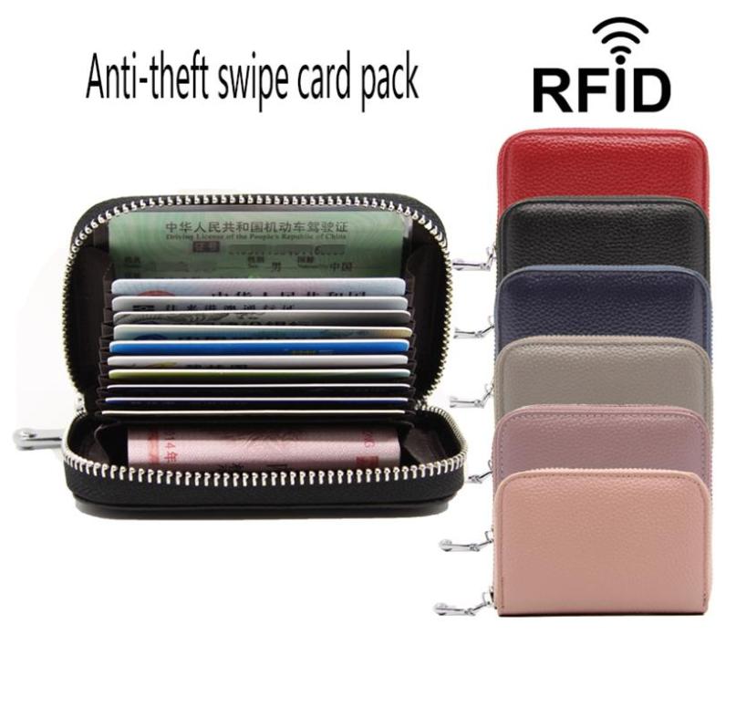 Top layer cowleather organ bag RFID antitheft female card clip man card bag multifunction zipper pocket34669138940