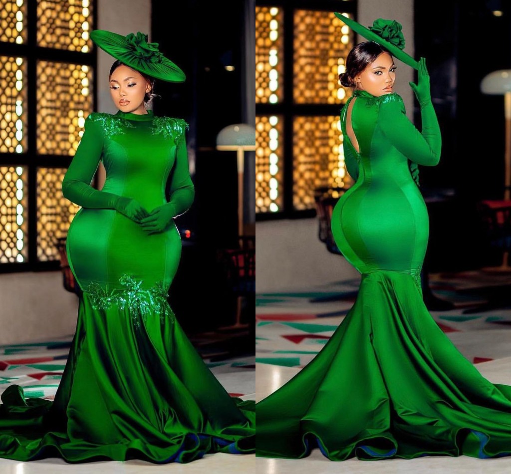 Mermaid Elegant Green Evening Dress For Women Long Sleeve Pleats Open Back or Length Celebrity Party Prom Dresses Vestidos De Gala Custom Made Es