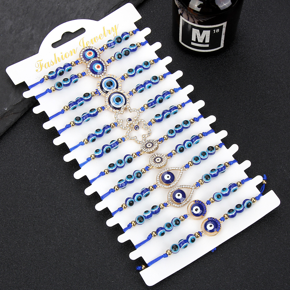 Lucky Blue Beaded Turkish Evil Eye Alloy Rhinestone Bracelet Women Men Adjustable Braided Rope Vintage Jewelry Gifts
