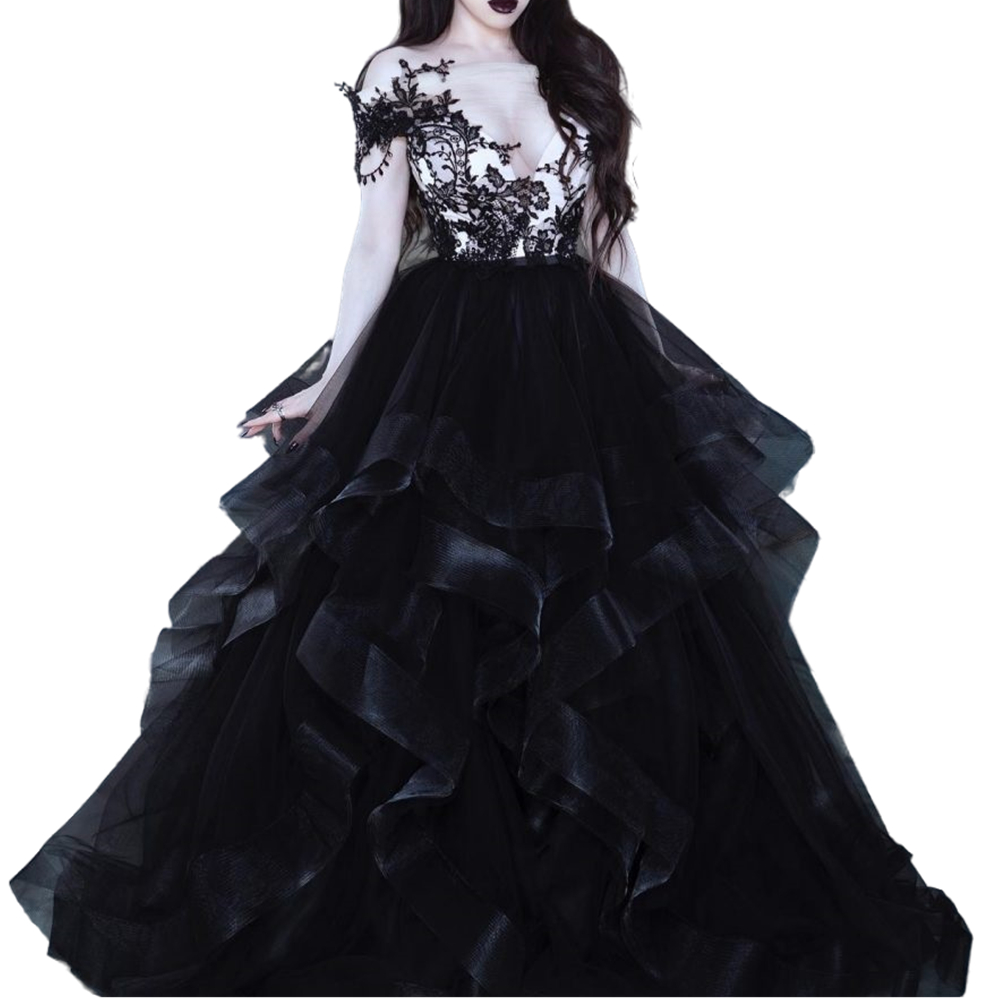 Gothic Black Puffy A Line Wedding Gowns Vintage Bridal Dresses Lace Appliques Ruffles Piping Long Country Garden Bride Reception Dress Custom Made Plu