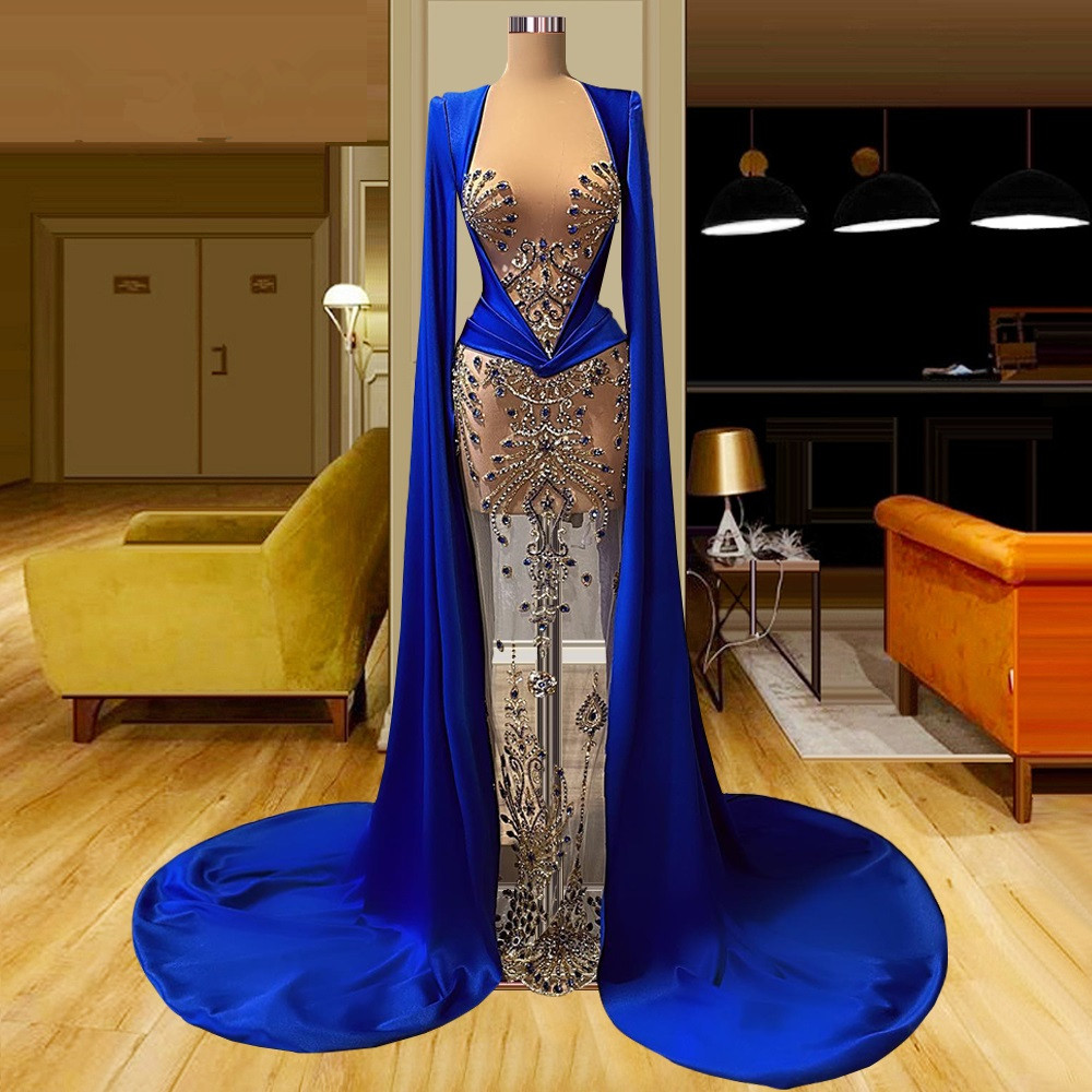 Royal Blue Crystals Prom Dresses Long Cap Sleeves Party Dresses See Through Mermaid Beaded Custom Made Evening Dress