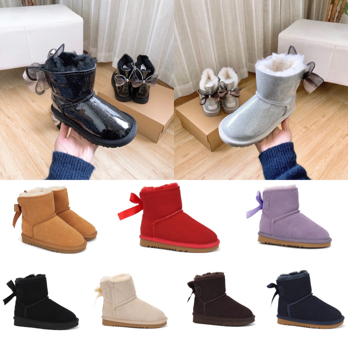 kids boots girls shoes bow tie sneaker designer winter snow boot Australia Classic baby kid youth uggi toddler infants bailey warm waterproof Australian Fur shoe, Customize