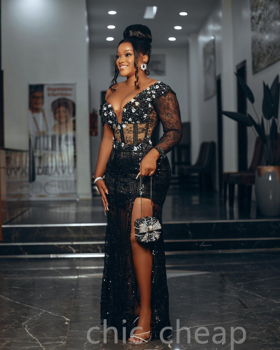 Arabic Aso Ebi Black Sheath Prom Dresses Beaded Crystals Lace Evening Formal Party Second Reception Birthday Engagement Gowns Dress ZJ