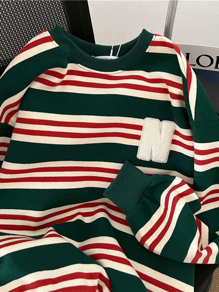 Women's Sweaters Jmprs Striped Women Sweatshirts Casual O Neck Oversize Green Sweater Tops Fashion Letter Patchwork Female Loose Fall Hoodies J22
