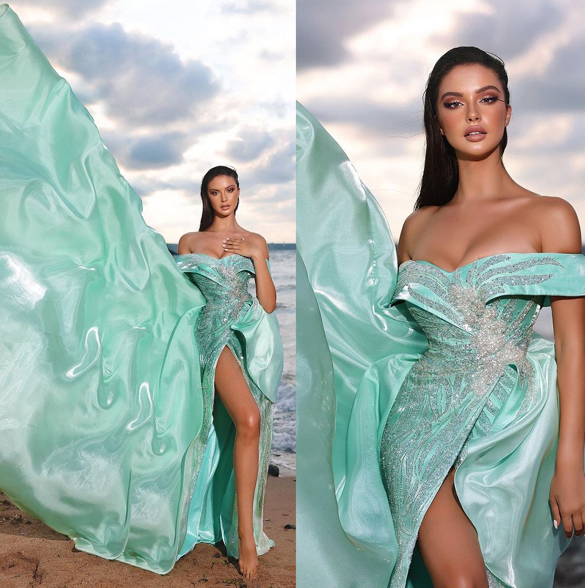 Chic Mint Green Prom Dresses Off Shoulder Beading Lace Sequins Party Dresses Side Split A Line Custom Made Evening Dress