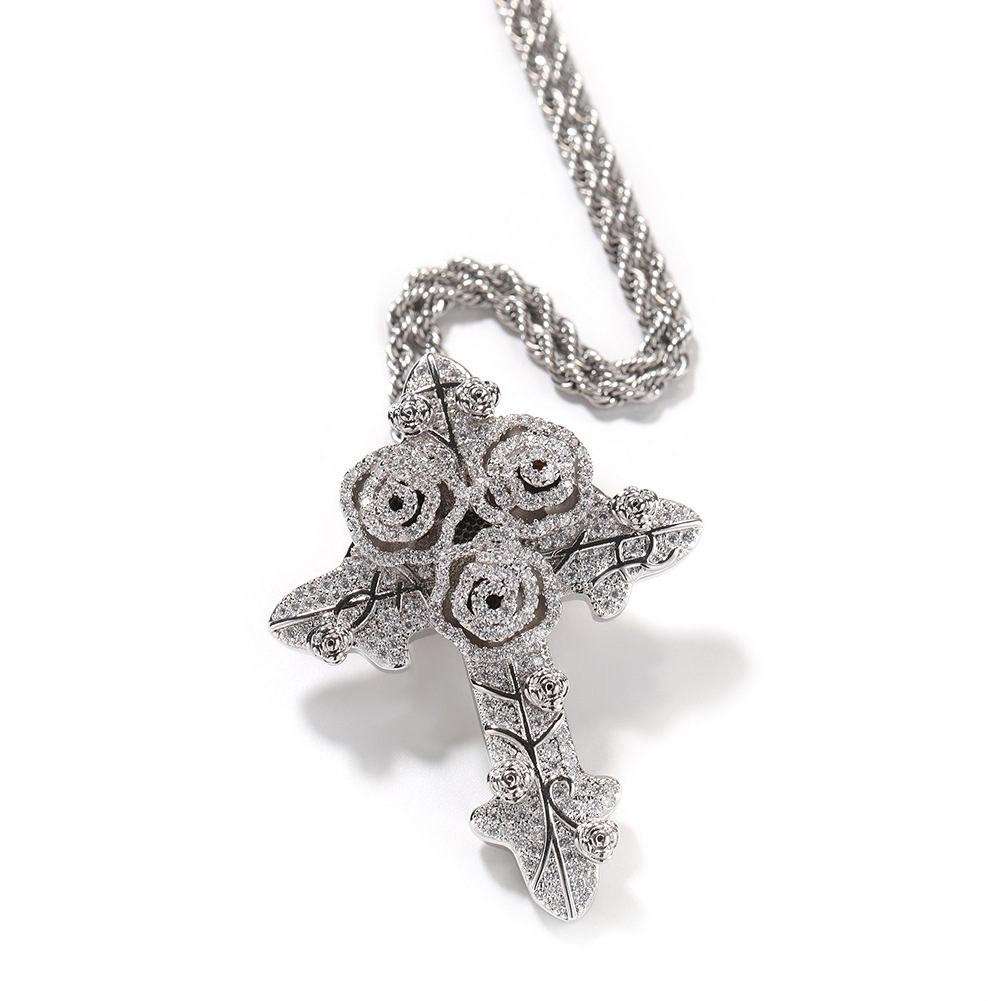 Bling Diamond Stone Rose Flower Cross Pendants Necklace Jewelry Real 14K Gold Plated Lover Gift Couple Religious Jewelry Valentine's Day