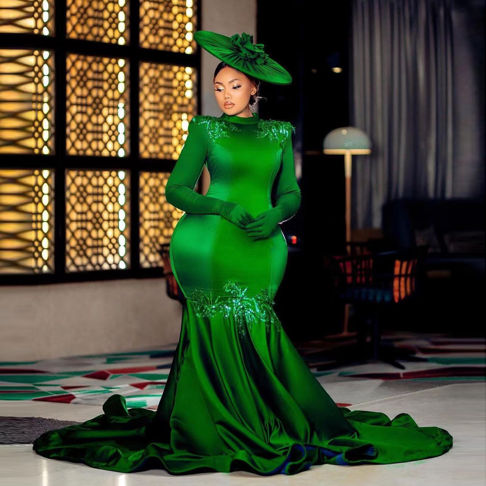 Mermaid Elegant Green Evening Dress For Women Long Sleeve Pleats Open Back or Length Celebrity Party Prom Dresses Vestidos De Gala Custom Made Es