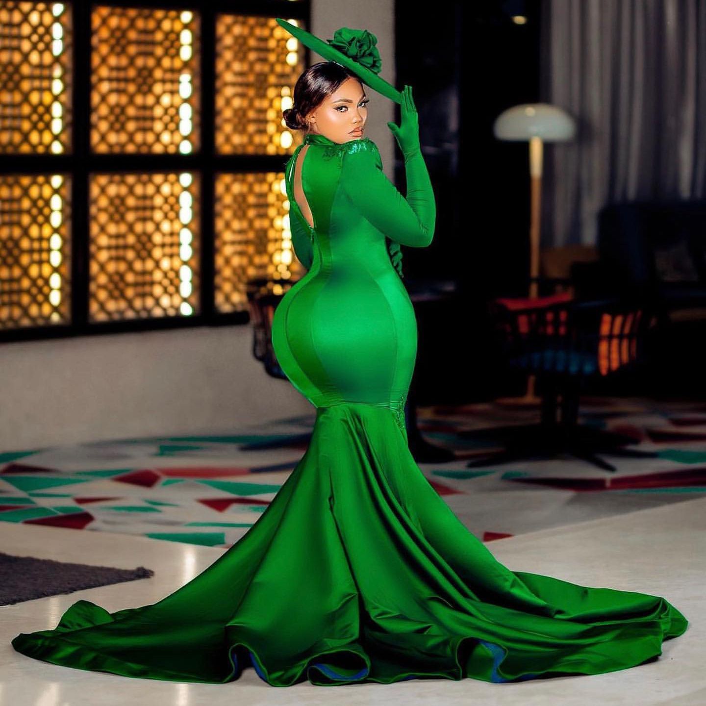 Mermaid Elegant Green Evening Dress For Women Long Sleeve Pleats Open Back or Length Celebrity Party Prom Dresses Vestidos De Gala Custom Made Es