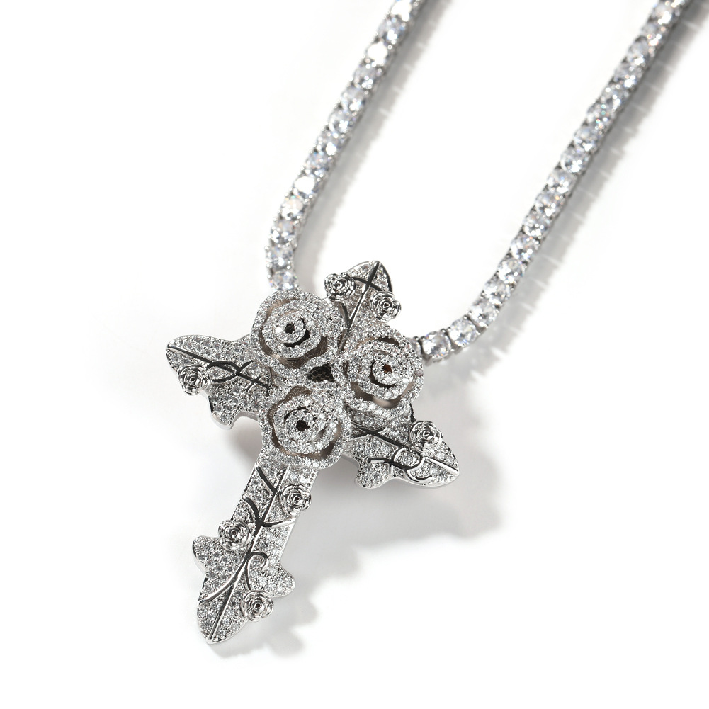 Bling Diamond Stone Rose Flower Cross Pendants Necklace Jewelry Real 14K Gold Plated Lover Gift Couple Religious Jewelry Valentine's Day
