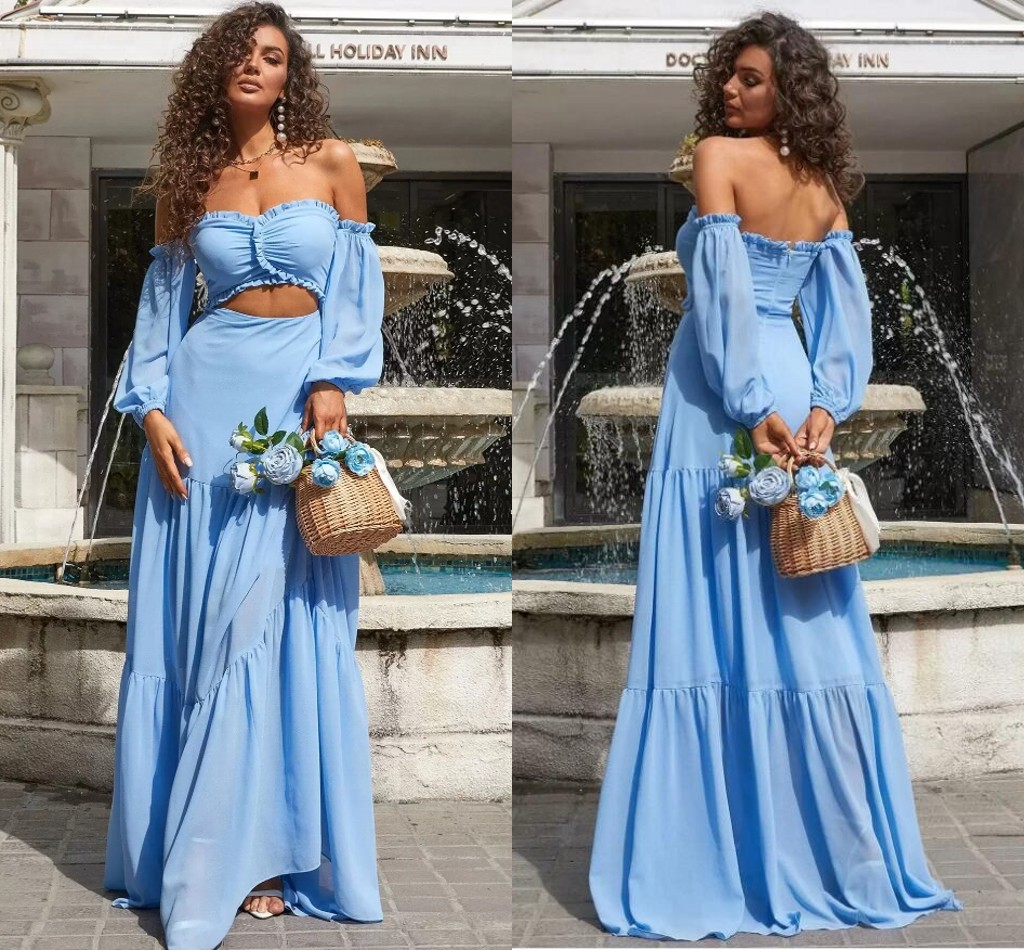 Sexy A-E Light Blue Chiffon Bridesmaid Dresses Long Sleeves Off Shoulder Sweetheart Or Length Backless Wedding Guest Party Gowns For Nigerian Weddings