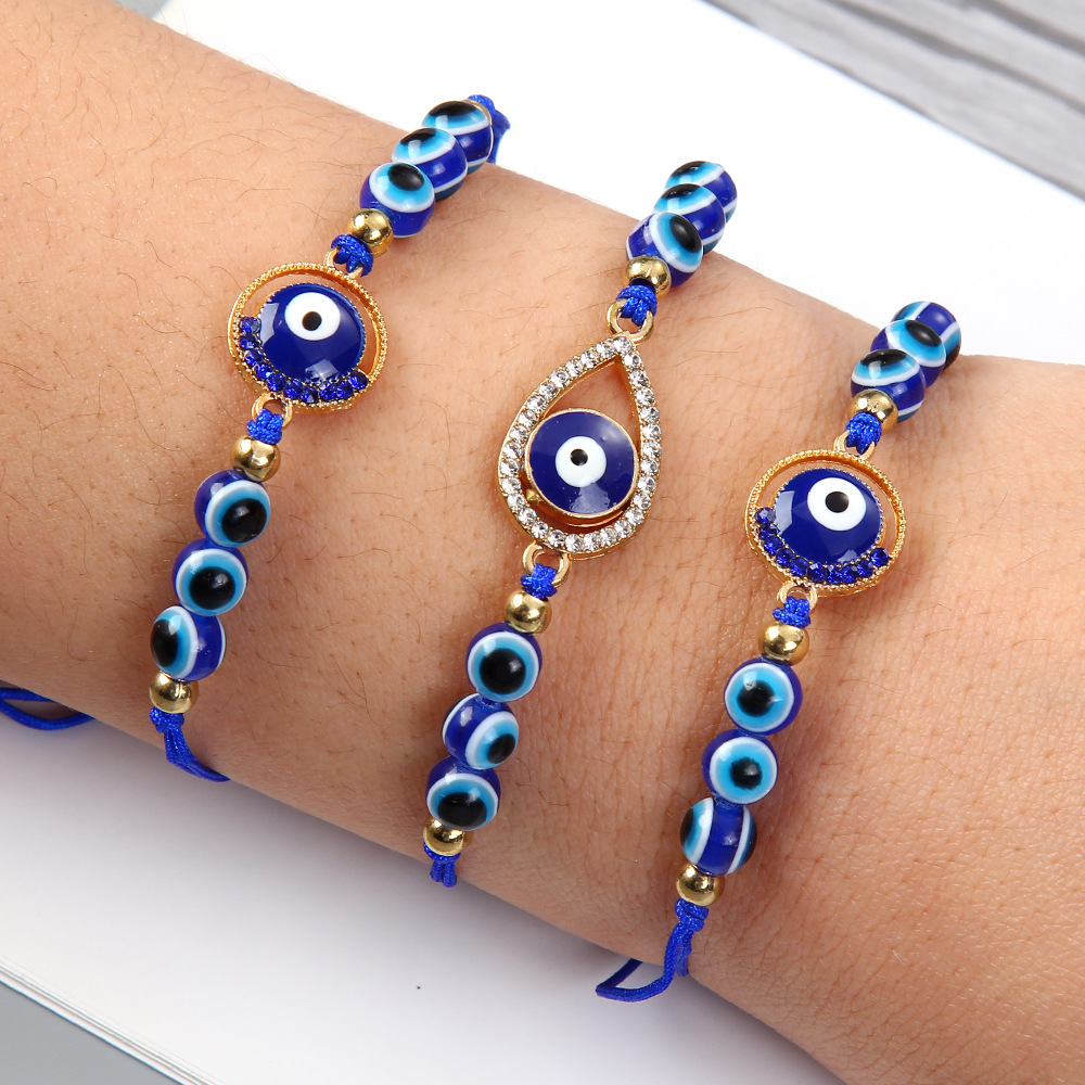 Lucky Blue Beaded Turkish Evil Eye Alloy Rhinestone Bracelet Women Men Adjustable Braided Rope Vintage Jewelry Gifts
