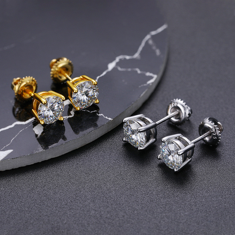 3mm-8mm Men Women S925 Sterling Silver Gold Plated Pass Test D Moissanite Diamond Round Earrings Studs Nice Gift