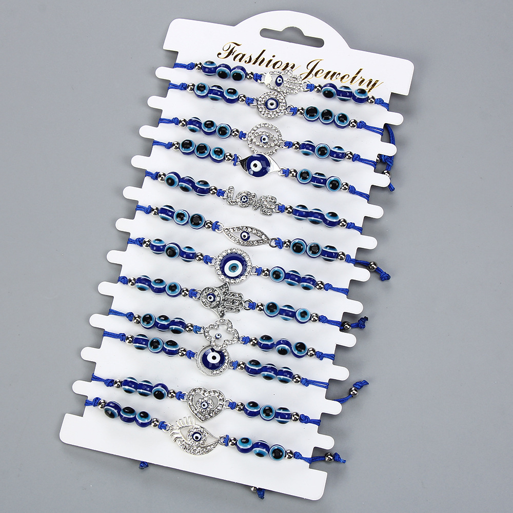 Lucky Blue Beaded Turkish Evil Eye Alloy Rhinestone Bracelet Women Men Adjustable Braided Rope Vintage Jewelry Gifts