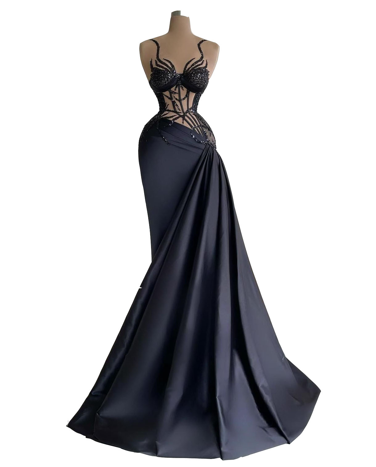 Arabic 2023 Sexy Prom Dresses Black Sequined Lace Appliques Beaded Illusion See Through Satin Sleeveless Evening Dress Mermaid Formal Party Gowns 0219