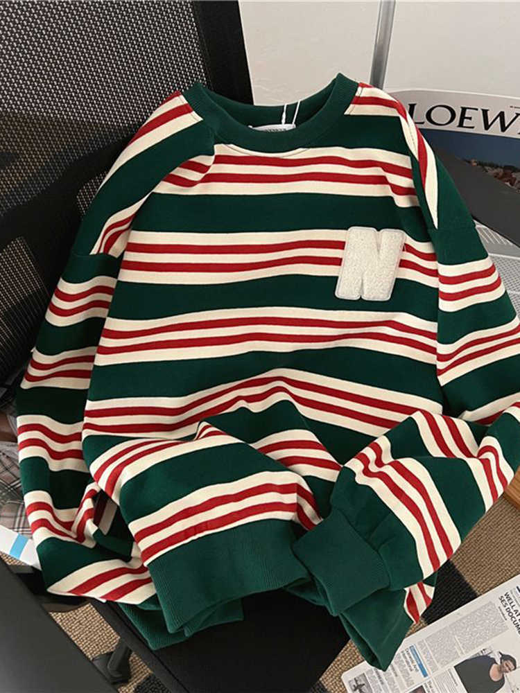 Women's Sweaters Jmprs Striped Women Sweatshirts Casual O Neck Oversize Green Sweater Tops Fashion Letter Patchwork Female Loose Fall Hoodies J22